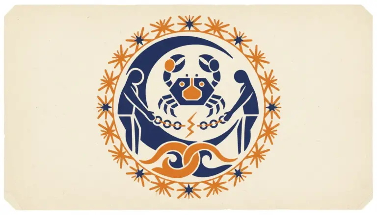 A stylized moon reflecting on calm water in a traditional block-print aesthetic.