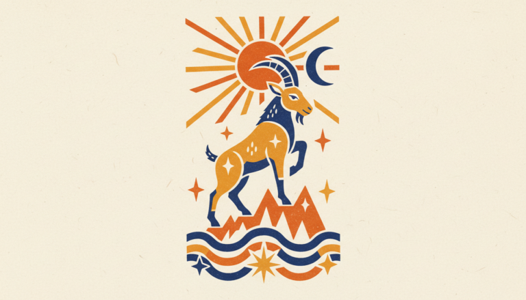 A minimalist block-print illustration of a sea-goat standing on a rocky ledge beneath a rising moon.