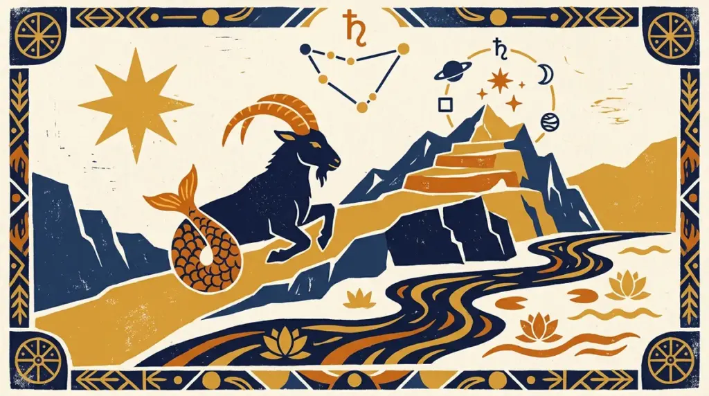 A simple block-print illustration of a mountain goat standing calmly on a stylized peak under a crescent moon.