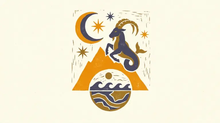 A minimalist block-print style illustration of a mountain peak under a soft, crescent moon.
