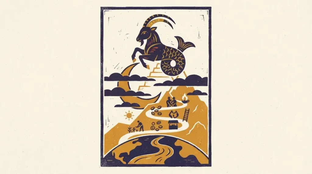 A simple, clean block-print illustration of a mountain goat standing on a rocky peak, representing the sign of Capricorn.