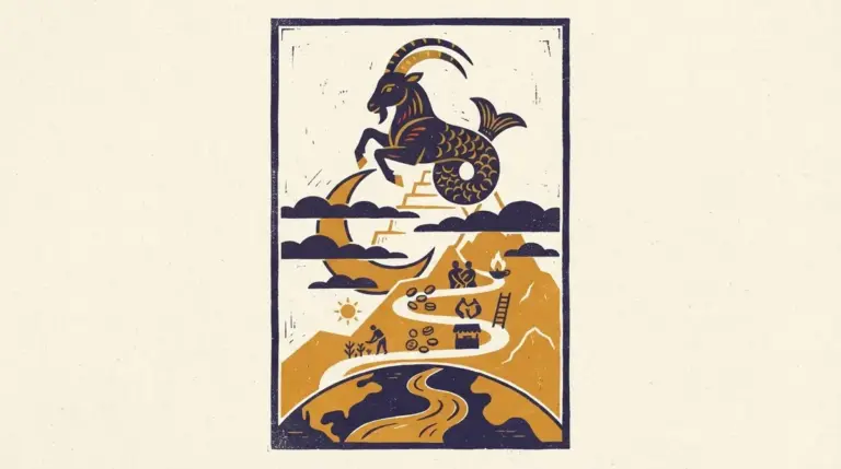 A simple, clean block-print illustration of a mountain goat standing on a rocky peak, representing the sign of Capricorn.