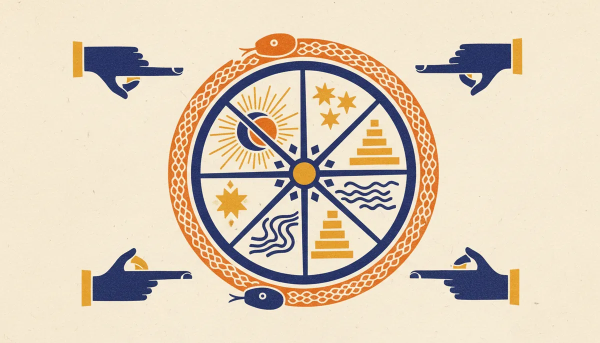 A circular Vedic astrology diagram representing the twelve signs of Char Dasha in traditional saffron and indigo block-print style
