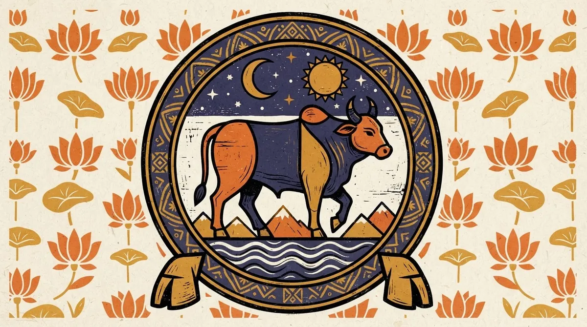 A block print style image of a bull representing the Chatushpada Karana.