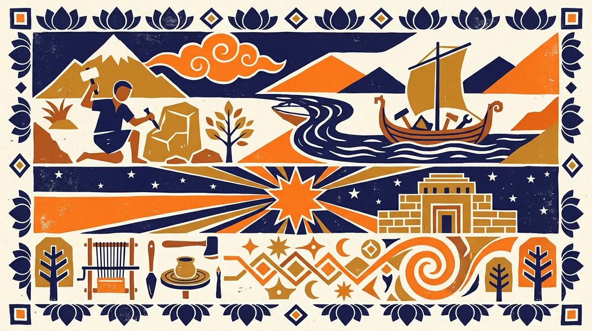 Flat block-print illustration of abstract craftsmanship symbols and a pearl in saffron and indigo
