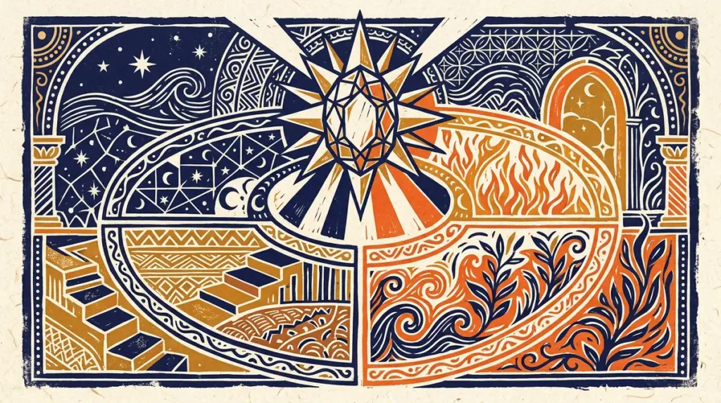 Flat block-print illustration of abstract craftsmanship symbols and a pearl in saffron and indigo