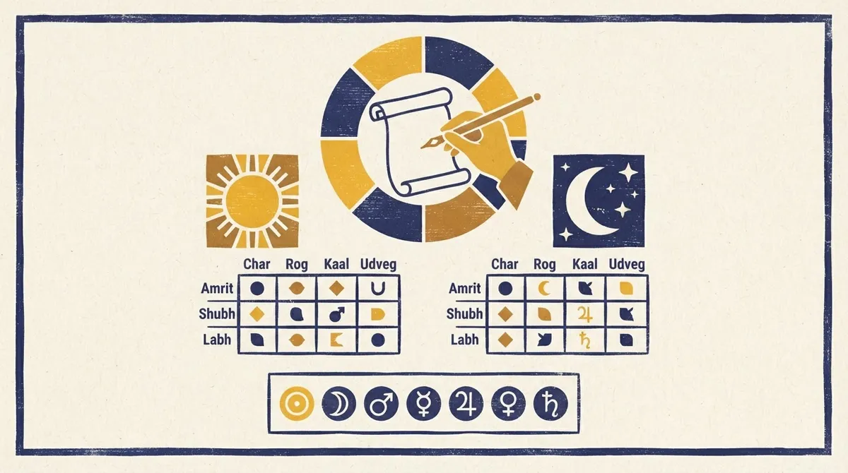 A flat block-print illustration representing the eight-fold Choghadiya time division with a traditional sundial motif.