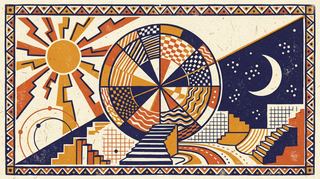 A flat block-print illustration representing the eight-fold Choghadiya time division with a traditional sundial motif.