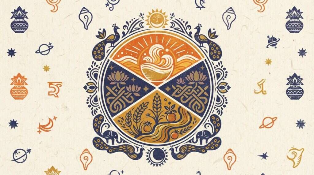 Stylized block-print illustration of an Indian sundial and celestial wheel in indigo and saffron.