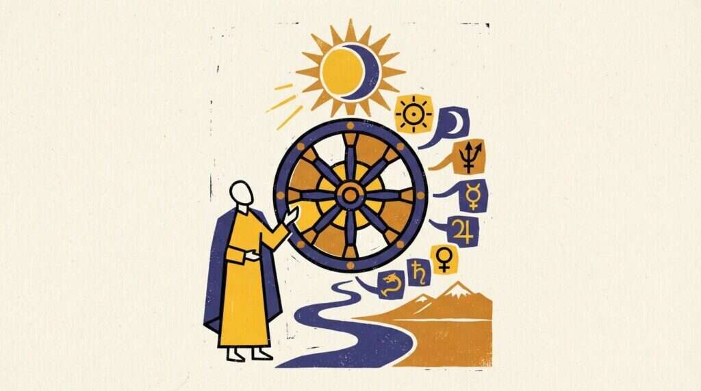 Traditional block-print illustration showing planetary orbits and a central lotus icon on shell-paper texture.