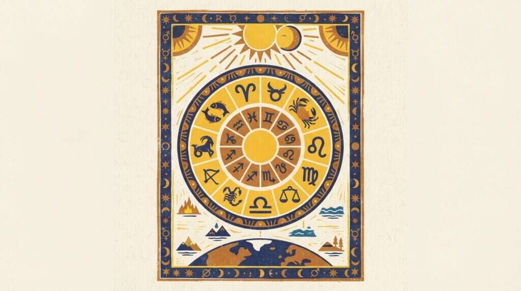 A simple, flat block-print style illustration featuring a stylized sun on one side and a crescent moon on the other.
