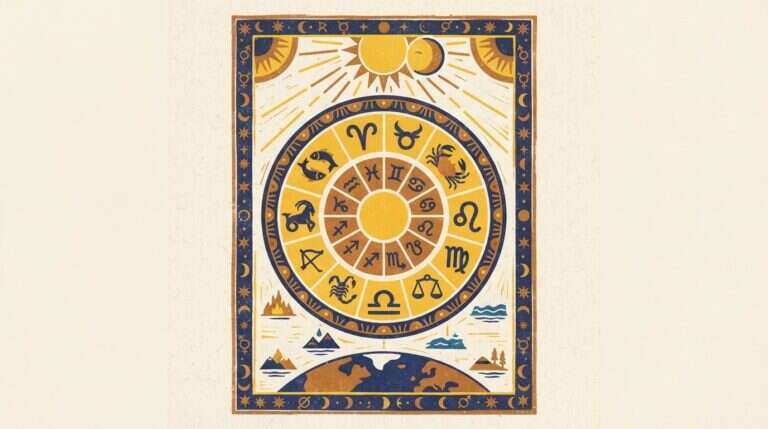 A simple, flat block-print style illustration featuring a stylized sun on one side and a crescent moon on the other.