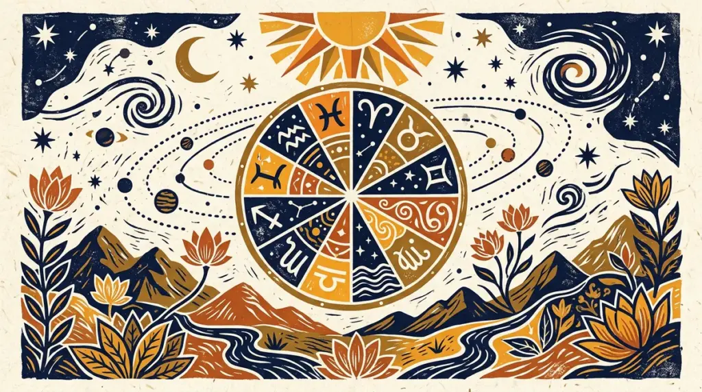 A simple, minimalist block-print style illustration featuring a round, full moon adjacent to a radiant sun against a neutral background.