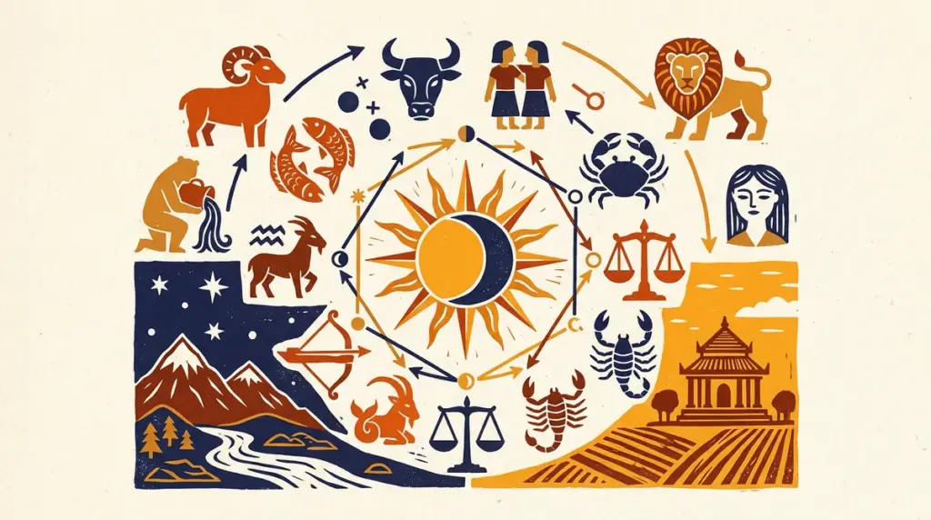 A simple, minimalist block-print style illustration featuring a stylized sun and crescent moon against a neutral, textured background.