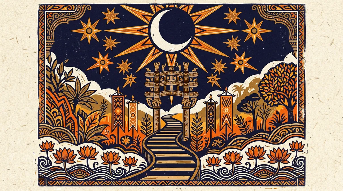 A minimalist block-print style illustration representing the tenth lunar day with symbolic patterns.