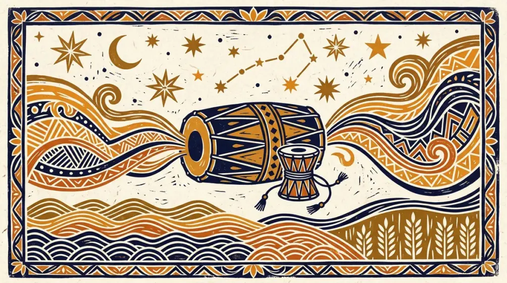 A minimalist block-print illustration of a drum in saffron and indigo colors.
