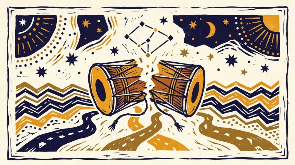 Abstract block-print illustration representing stellar harmony and astrological matching.
