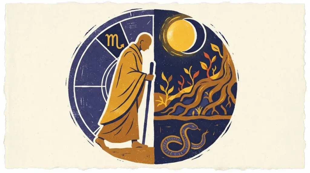 Traditional block-print style illustration symbolizing the transformative themes of the eighth house in Vedic astrology.