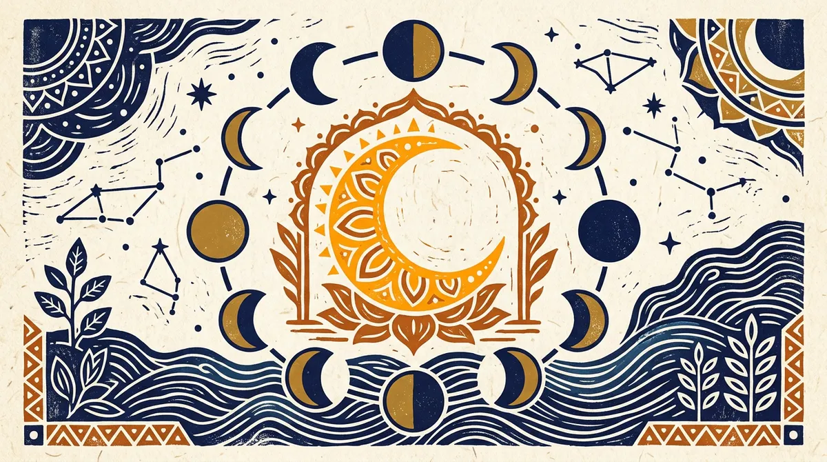 Ekadashi Tithi Compared With Others: A Vedic Guide 1 A minimalist block-print style illustration of the lunar cycle in saffron and indigo.
