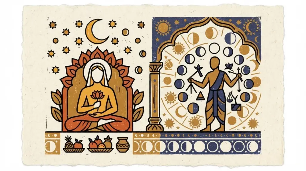 A minimalist block-print style illustration of the lunar cycle in saffron and indigo.