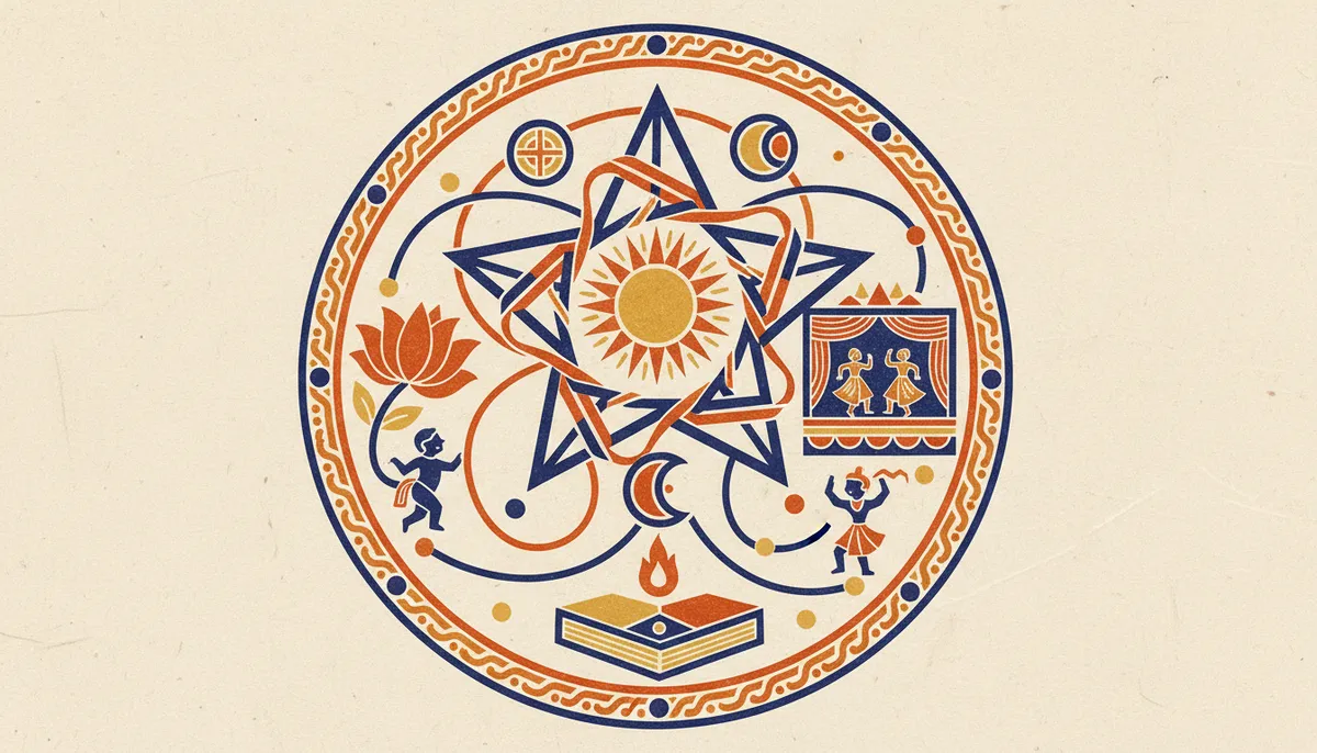 Flat block-print illustration representing the fifth house themes of creativity and learning.