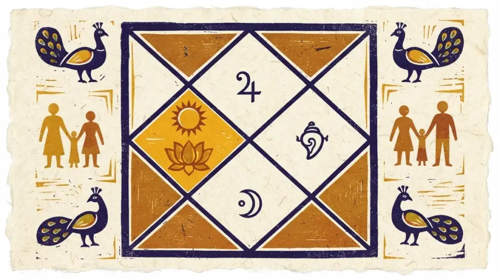 Flat block-print illustration representing the fifth house themes of creativity and learning.
