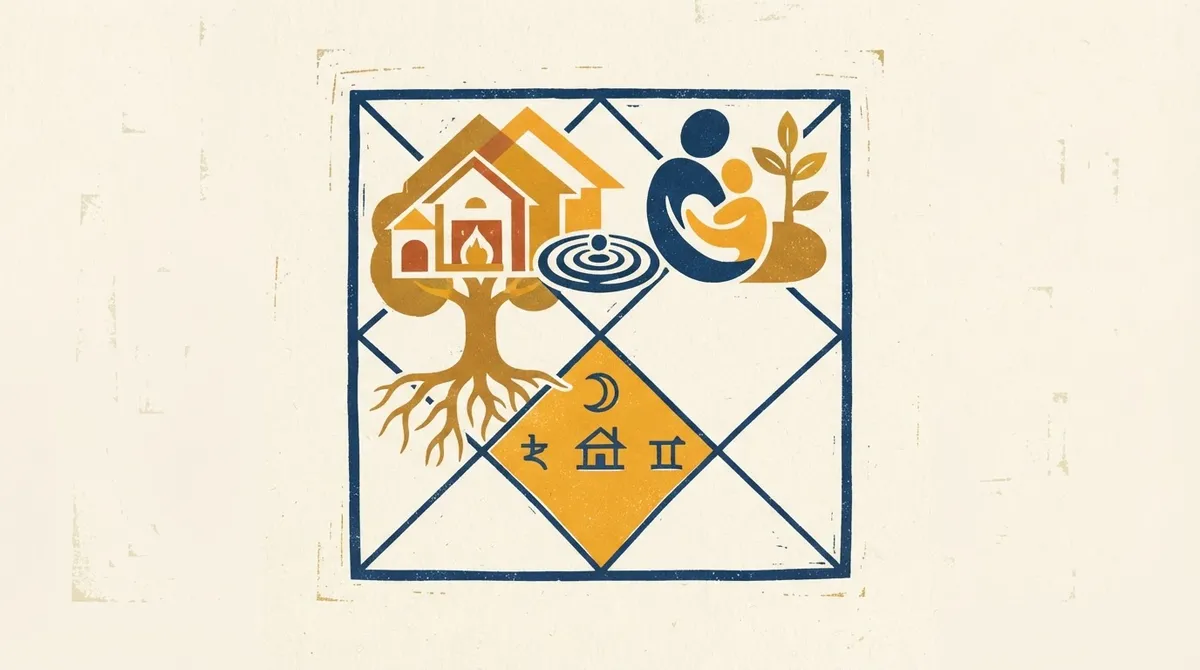 Abstract block-print illustration representing domestic peace and home foundations