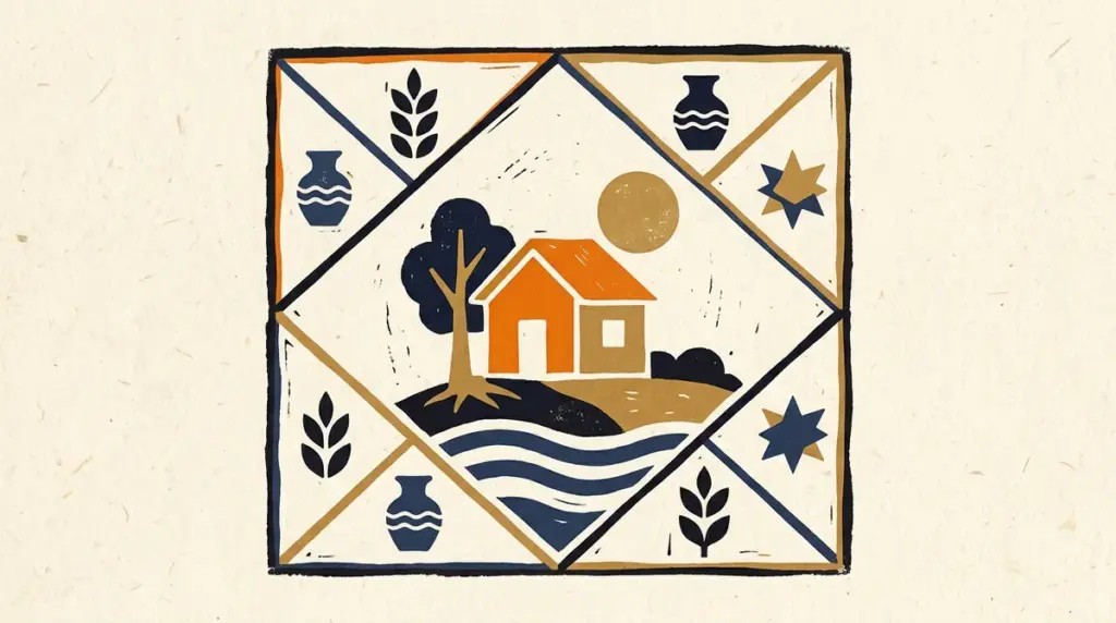 Abstract block-print illustration representing domestic peace and home foundations