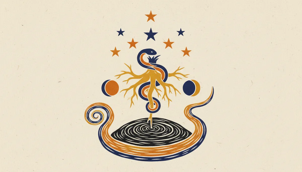Gand Mool Dosha How to Check in Your Birth Chart 1 Flat block print illustration of astrological nakshatra symbols in saffron and indigo.