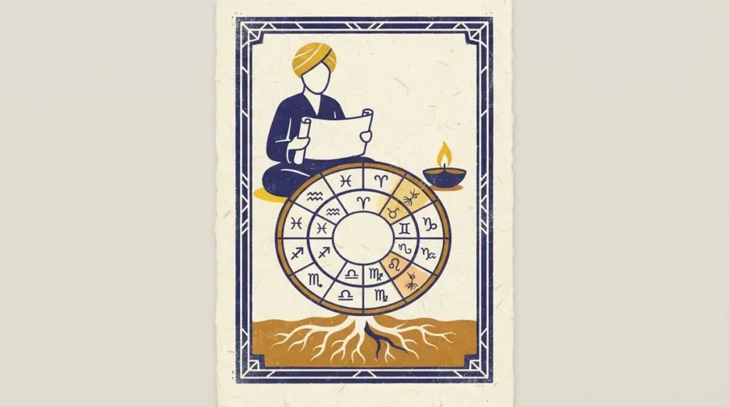 Flat block print illustration of astrological nakshatra symbols in saffron and indigo.