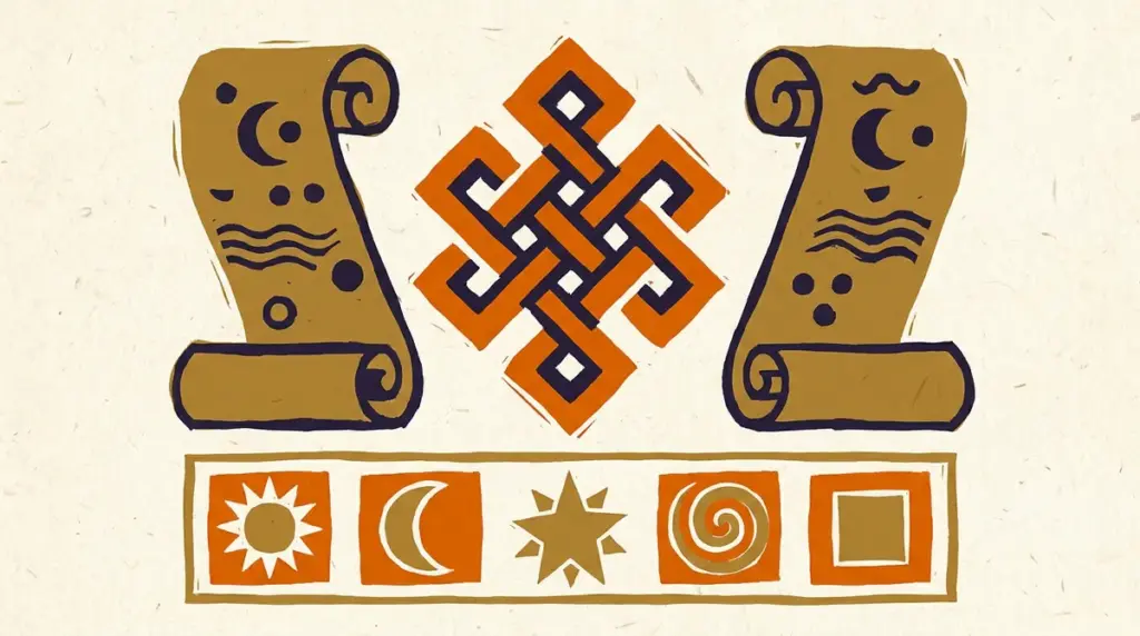Abstract block-print illustration of celestial alignment and calendar symbols in saffron and indigo.