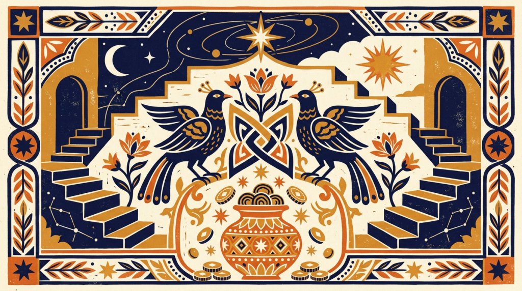 A minimalist block-print style illustration of the Gemini twins standing side-by-side in a serene, balanced posture.