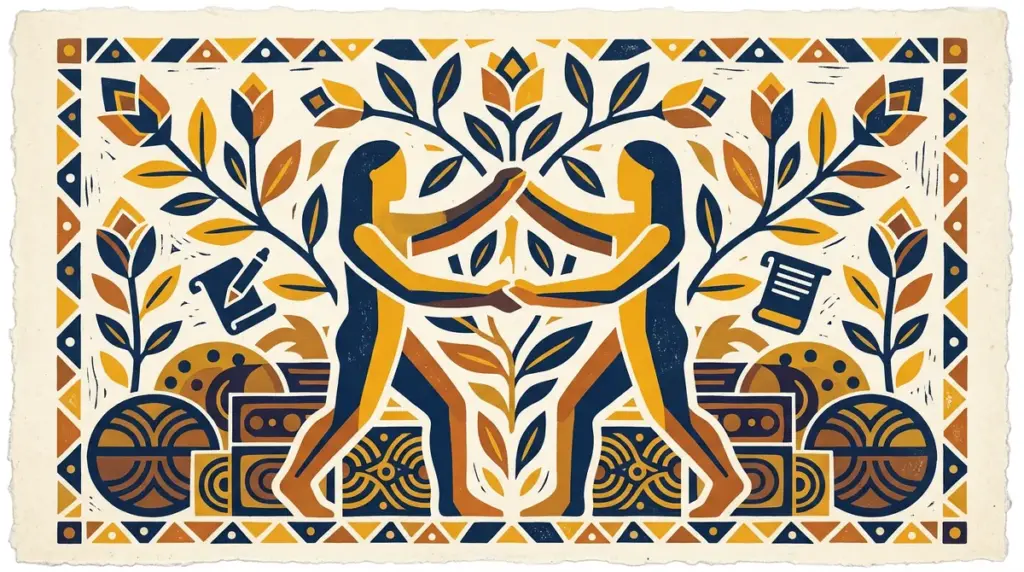 A simple flat block-print illustration of two figures standing together, representing the social energy of the eleventh house.
