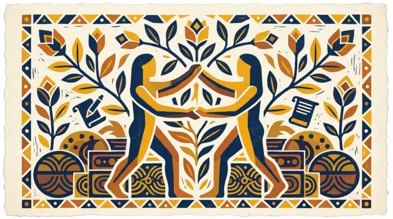 A simple flat block-print illustration of two figures standing together, representing the social energy of the eleventh house.