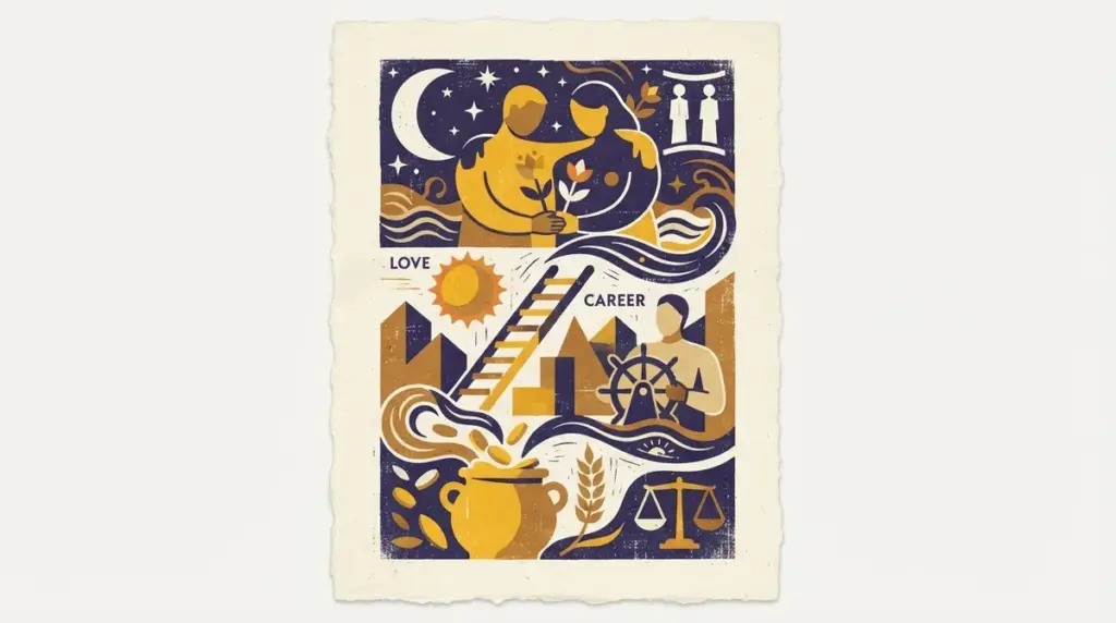 A minimalist flat block-print illustration representing Gemini with symmetrical geometric shapes.