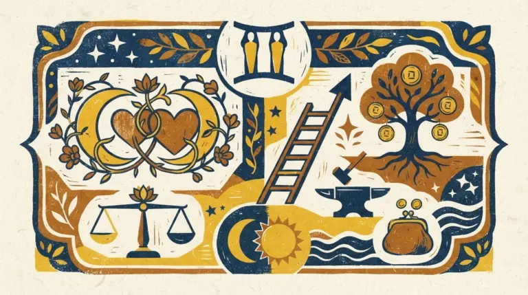 A simple flat block-print illustration of a pair of twins representing Gemini.