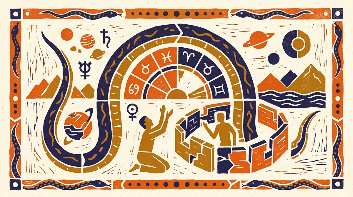 A minimalist block-print style graphic of a serpent in a circle, representing the Kaal Sarp configuration.