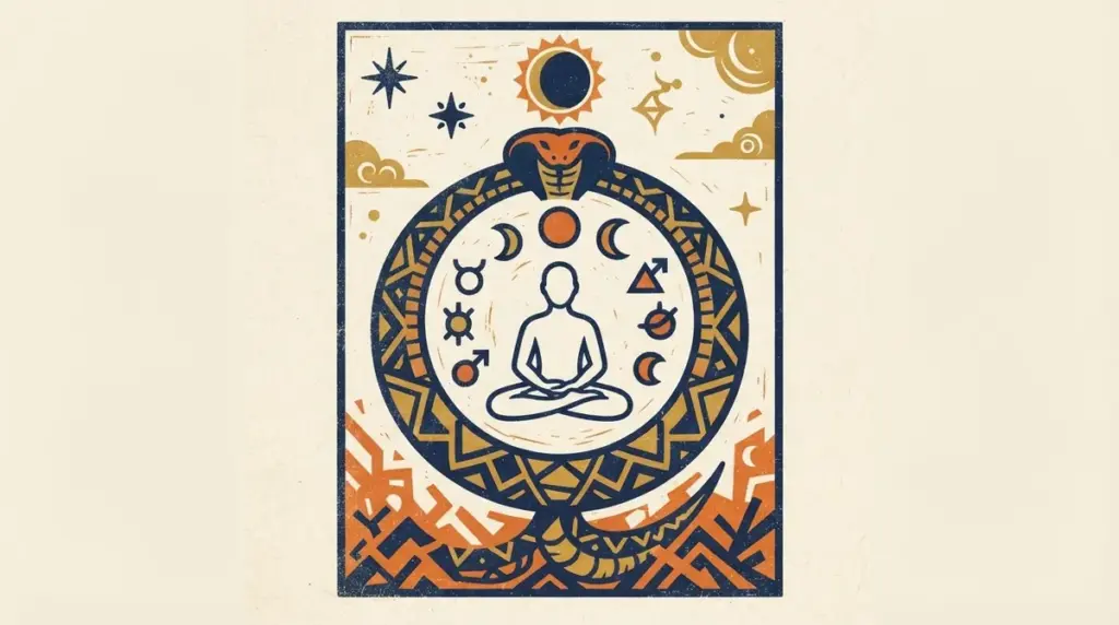 A minimalist block-print style graphic of a serpent in a circle, representing the Kaal Sarp configuration.