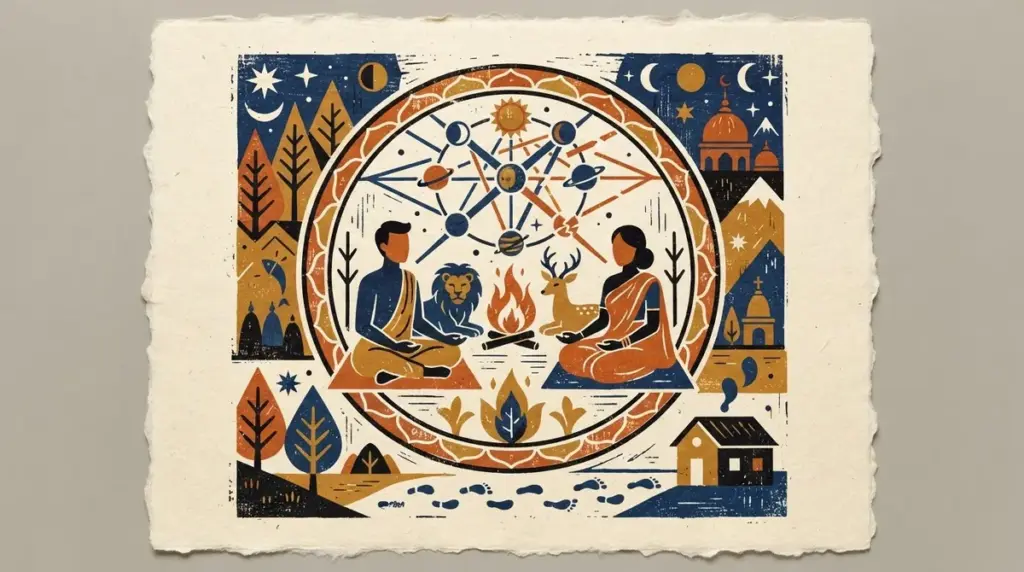 A minimalist block-print graphic showing two interlocking geometric forms in indigo and saffron, representing the concept of planetary friendship.