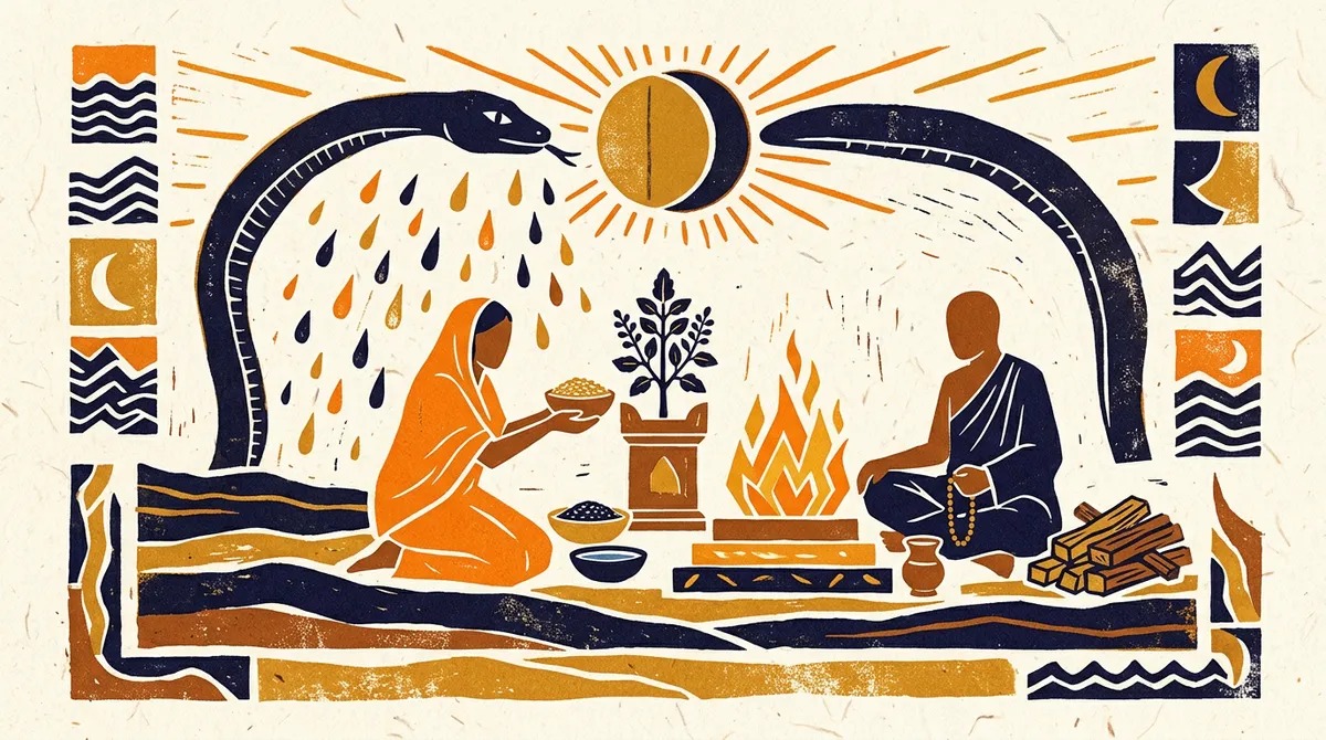 A minimalist block-print style illustration showing a sun and moon eclipse in saffron and indigo colors.