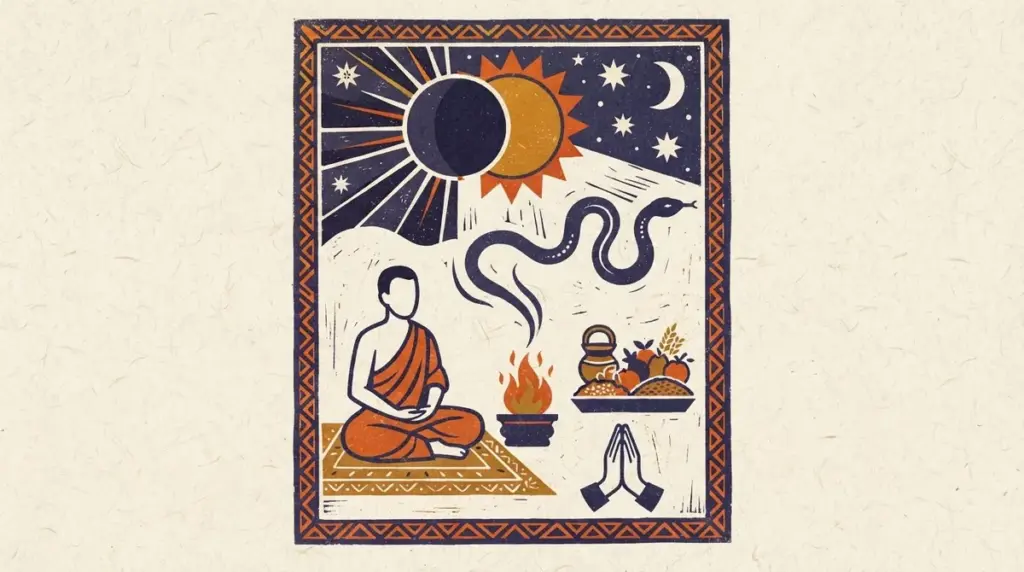 A minimalist block-print style illustration showing a sun and moon eclipse in saffron and indigo colors.