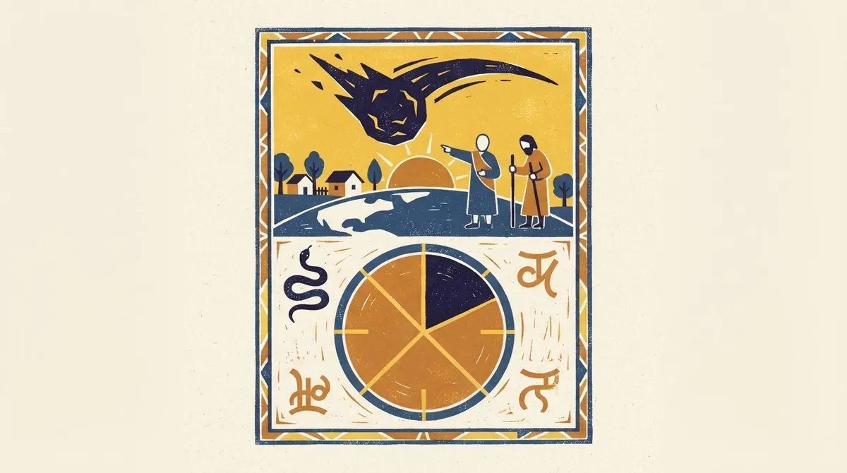 Gulika Kaal How to Read It: A Simple Guide 1 Flat block-print illustration of daily time divisions and celestial symbols in saffron and indigo