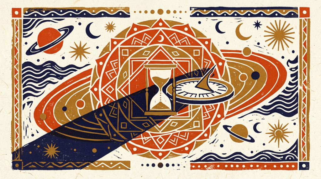 Flat block-print illustration of daily time divisions and celestial symbols in saffron and indigo