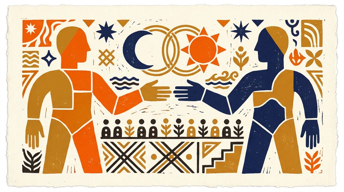 Minimalist block-print illustration representing Vedic chart matching and harmony.