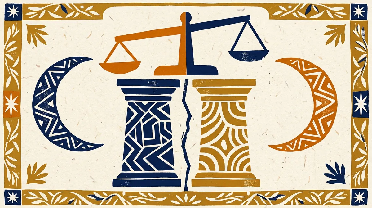 Abstract block-print style illustration representing Vedic astrology compatibility concepts.