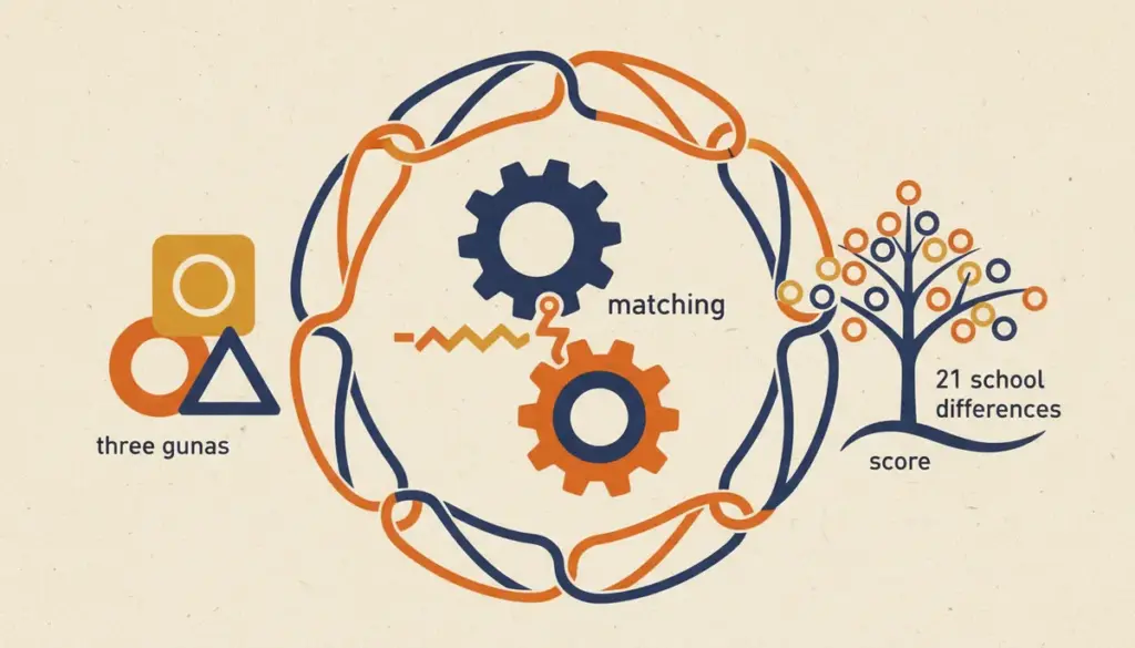 Abstract block-print style illustration representing Vedic astrology compatibility concepts.