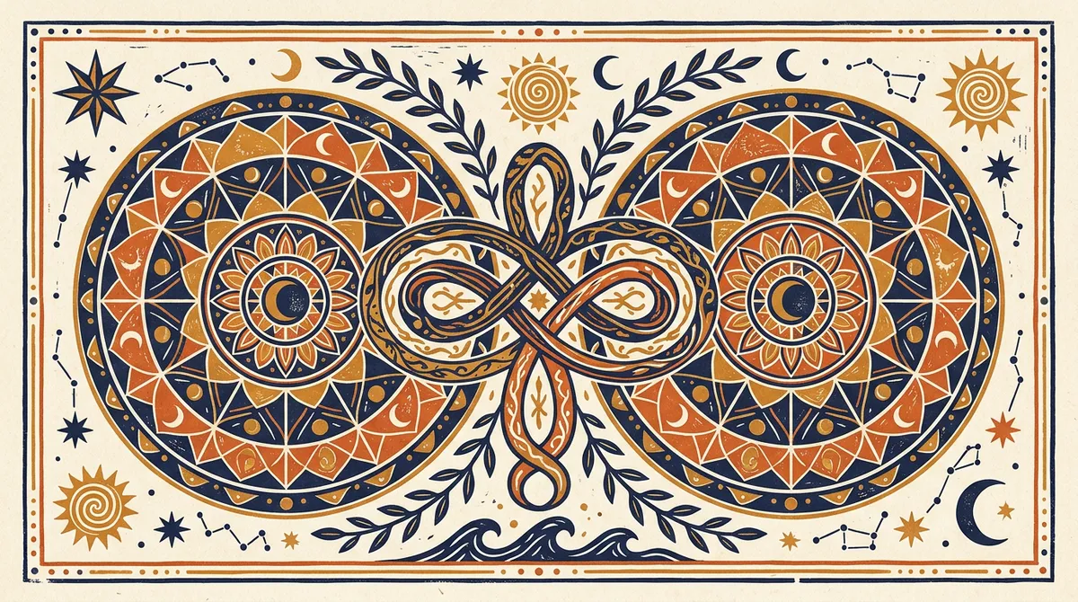 A minimalist block-print style illustration of two interlocking lotus petals.