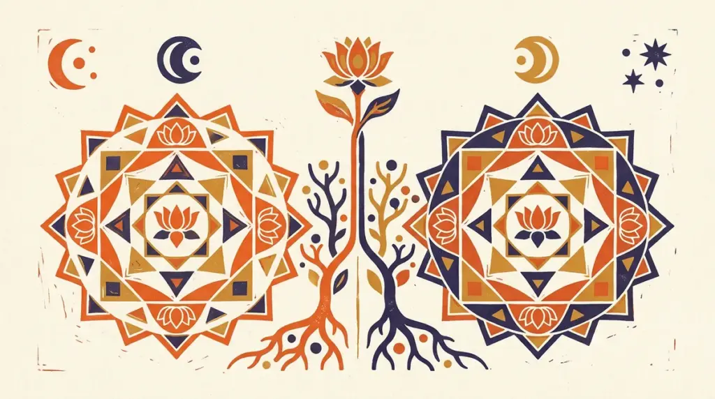 A minimalist block-print style illustration of two interlocking lotus petals.