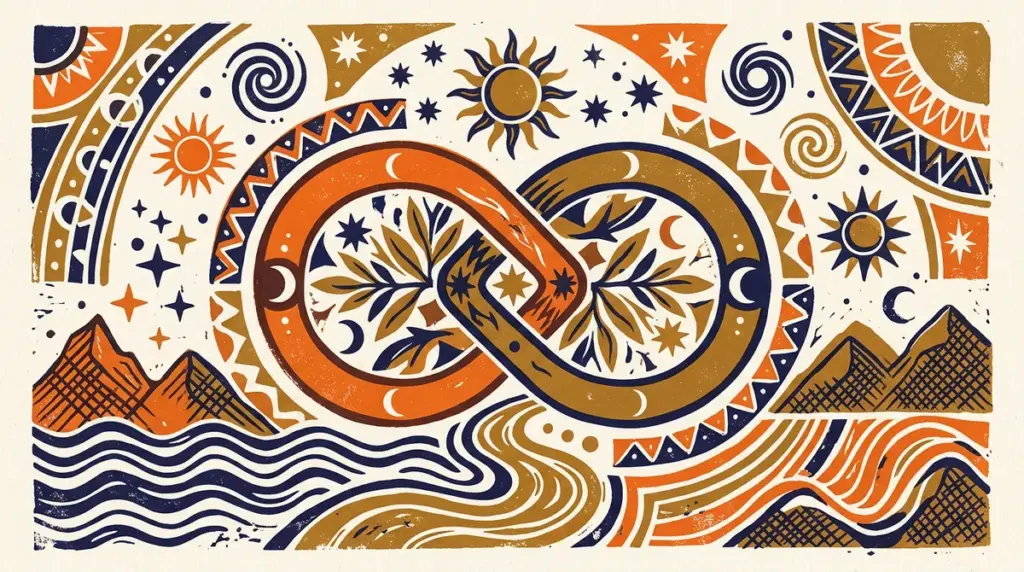 Geometric block print illustration representing Vedic astrology chart harmony and matching.