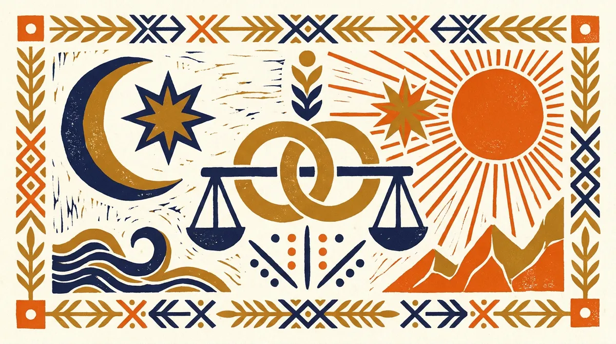 Two stylized lotus flowers facing each other in a traditional block-print style.